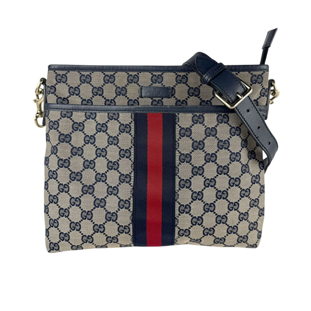 Gucci Web Stripe GG Canvas Leather Crossbody Bag Blue Tan